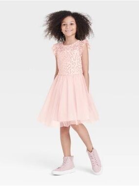 Cat & Jack Blush Pink Flutter Sleeve Tulle Party Dress (Girls Size Medium 7/8)